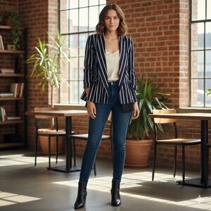 Sequin Hearts Womens Large Navy White Striped Open Front Blazer Clinched Sleeves